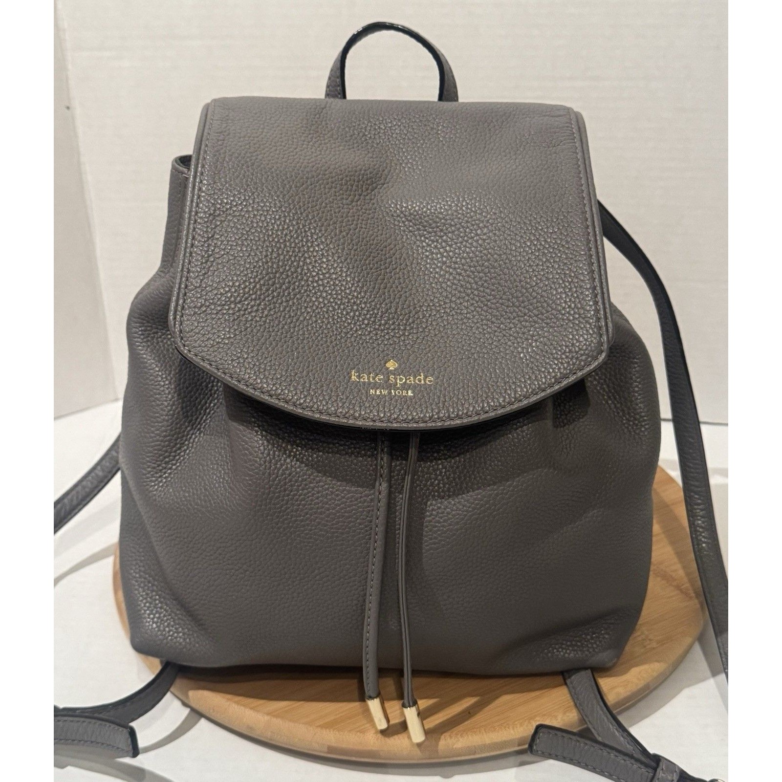 Kate Spade New York Gray Leather Backpack Purse Drawstring Flap Small Pebbled